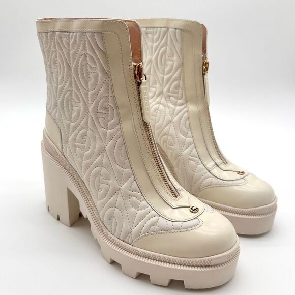 Gucci Trip Combat Zip Boots GG Logo White Quilted Rhombus Block Heel EU 38 US 8 - Picture 14 of 15